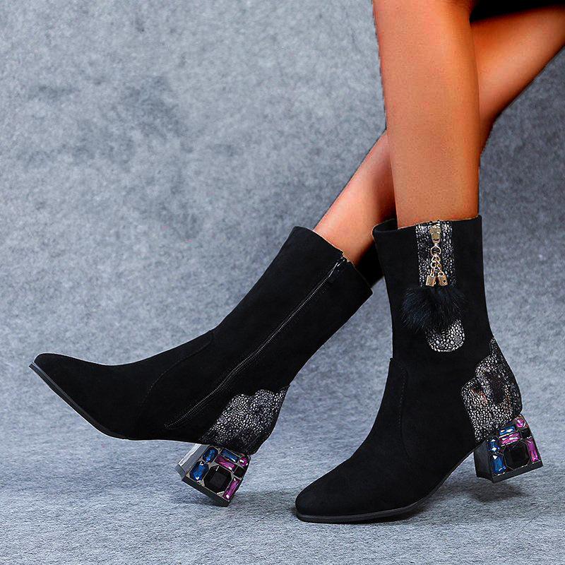 

Boots Women New 2020 Shoes Winter Footwear Round Toe Low Rubber Ladies Mid-Calf Med High Heel Mid Calf Cotton Fabric