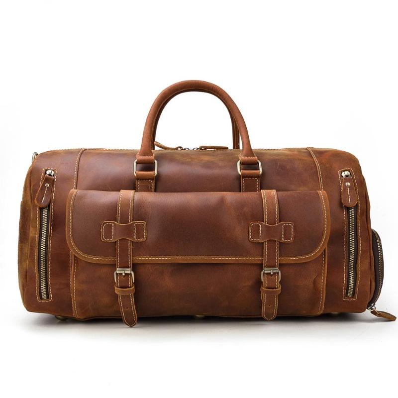 

YUPINXUAN High Quality Cow Leather Duffles Bag with Shoes Compartment Vintage Traveling Bags, Brown