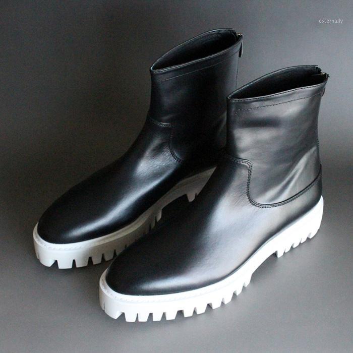 

2020 white sole thick heel platform boots black classic zipper ankle booties round toe genuine leather short army boots big size1, As shown