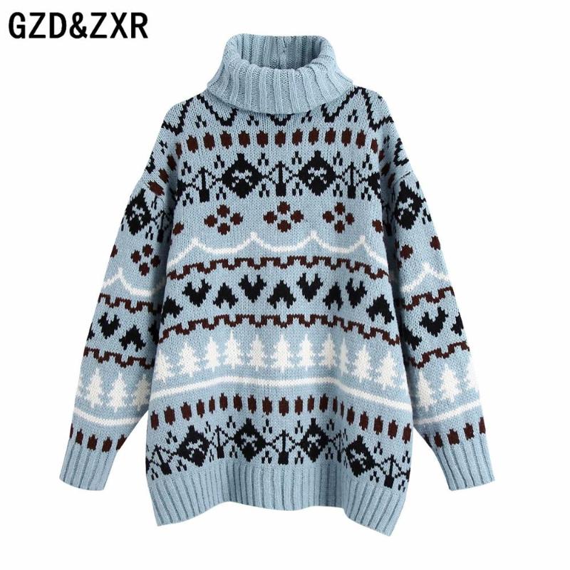 

2020 vintage autumn Winter Turtleneck Jacquard loose long knit sweater, As pic
