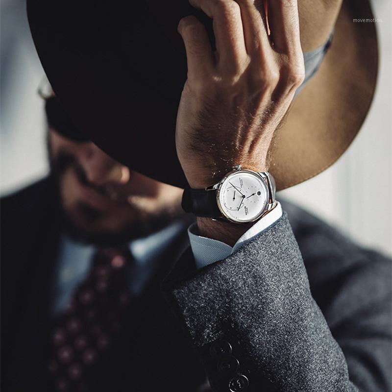 

2.5D Curved Glass Gentlemen Dress Watches Automatic Self-wind Milanese Wrist watch Calendar Mechanical Watch British Wind Montre1, Silver light brown