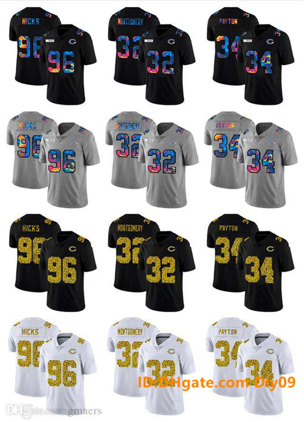

Men Women Youth ChicagoBearsJersey 32 David Montgomery 34 Walter Payton 96 Akiem Hicks Crucial Catch Football Jerseys Blac, With sign