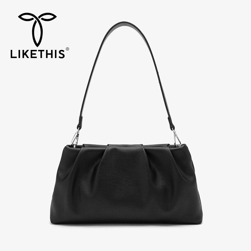 

LIKETHIS Shoulder Bag Ladies Small for Women 2020 Auntum Casual Shopping Top-Handle Solid Color Pleated Handbag Pu Leather Mini, Black