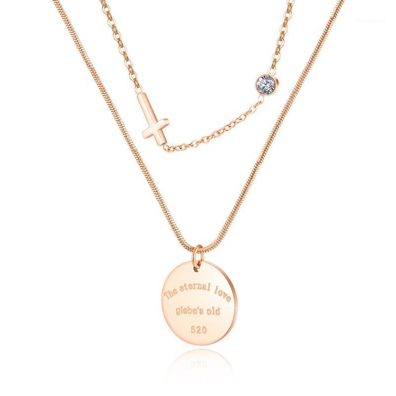 

FIREBROS Rose Gold Color Stainless Steel Zircon Round Tag Cross Pendant Paired Chain Multilayer Necklace Choker Women Jewelry1