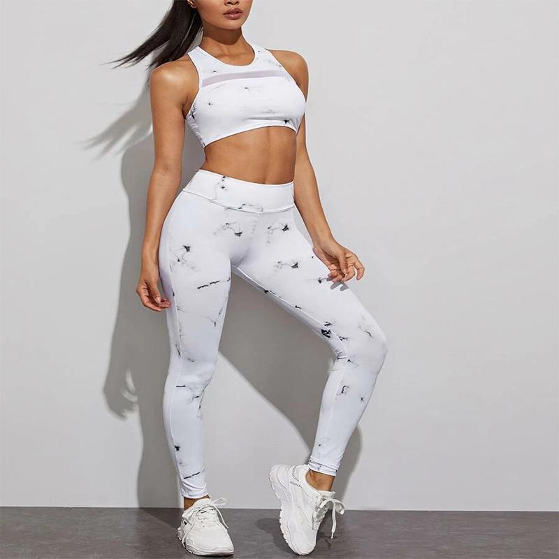 

Tie Dye Print Women Yoga Set 2020 New Stretch Leggings + Sport Bra Work Out Gym Clothing Active Sportswear Outfit Sports Suits, White