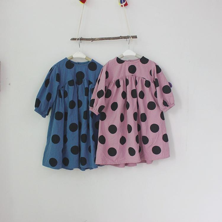

Baby Girl Long Sleeve Dress Children Autumn Cotton Linen Dress Vintage Loose Polka Dot Dresses Quality Kids Fall Clothes, Blue
