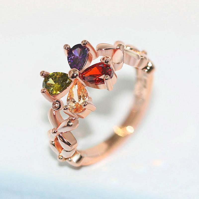 

Double Fair Colorful Crystal Flower Rings For Women Girls Rose Gold Color +CZ Birthday Party Daily Girt fashion Jewelry R219