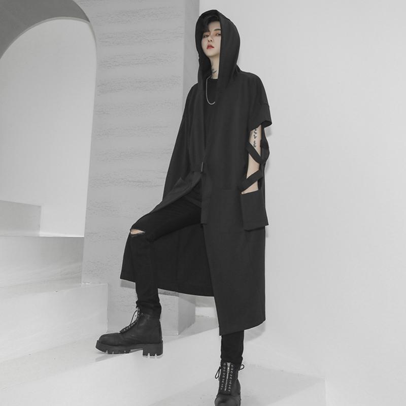 

Autumn men windbreaker personality sleeve destruction design Korean version of men in the long loose hoodie cardigan coat trend, Black