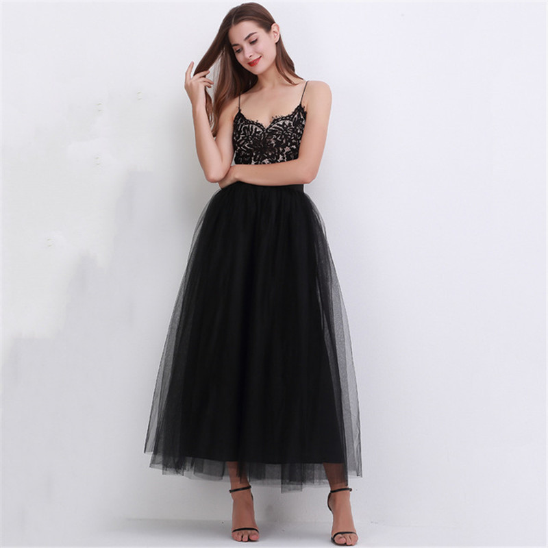 

4 Layers 100cm Maxi Long Tulle Elegant Princess Fairy Style Tutu Skirts Womens Vintage Bouffant Puffy Fashion Skirt Y200326, Black
