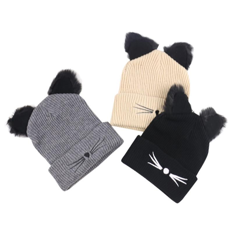 

Winter Autumn Hats Woman Knitted Beanies CatEar Design Embroidery Harajuku Style Thick Warm Skullies, Black