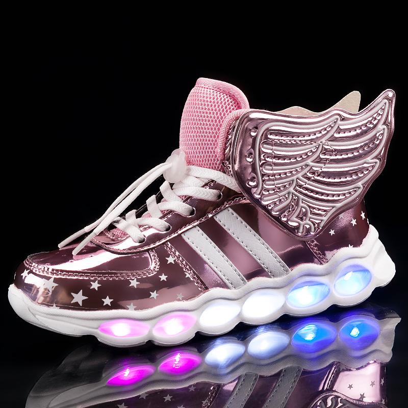 

Pink Children Shoes Light Led luminous Shoes Boys Girls USB Charging Sport Casual Led usb Wing Kids Glowing Sneakers, Black