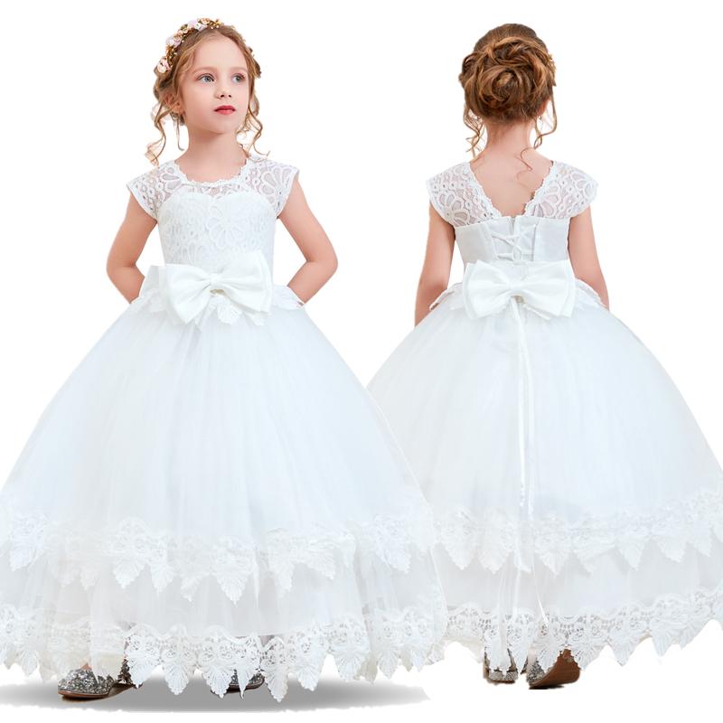 

Kids Full White Wedding Dress for Girls Clothing Lace Tulle Dress Exquisite Communion Party Long Prom Gowns For Bridesmaid Girls