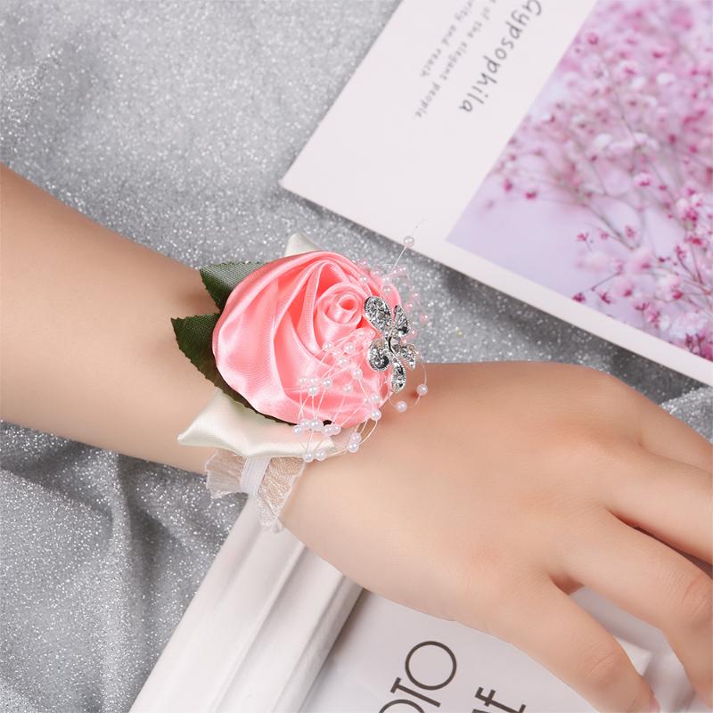 

Wedding Wrist Flower Rose Silk Ribbon Bride Corsage Hand Decorative Wristband Bracelet Bridesmaid Curtain Band Clip Bouquet, Blue