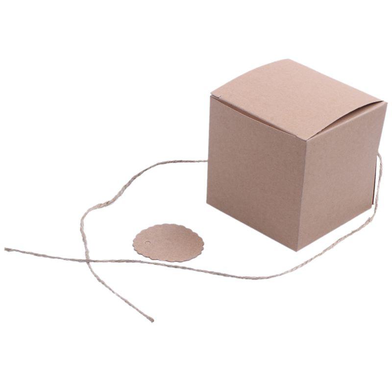 

100pcs 7cm Box with dragees kraft + label + cord candy Box gift for wedding