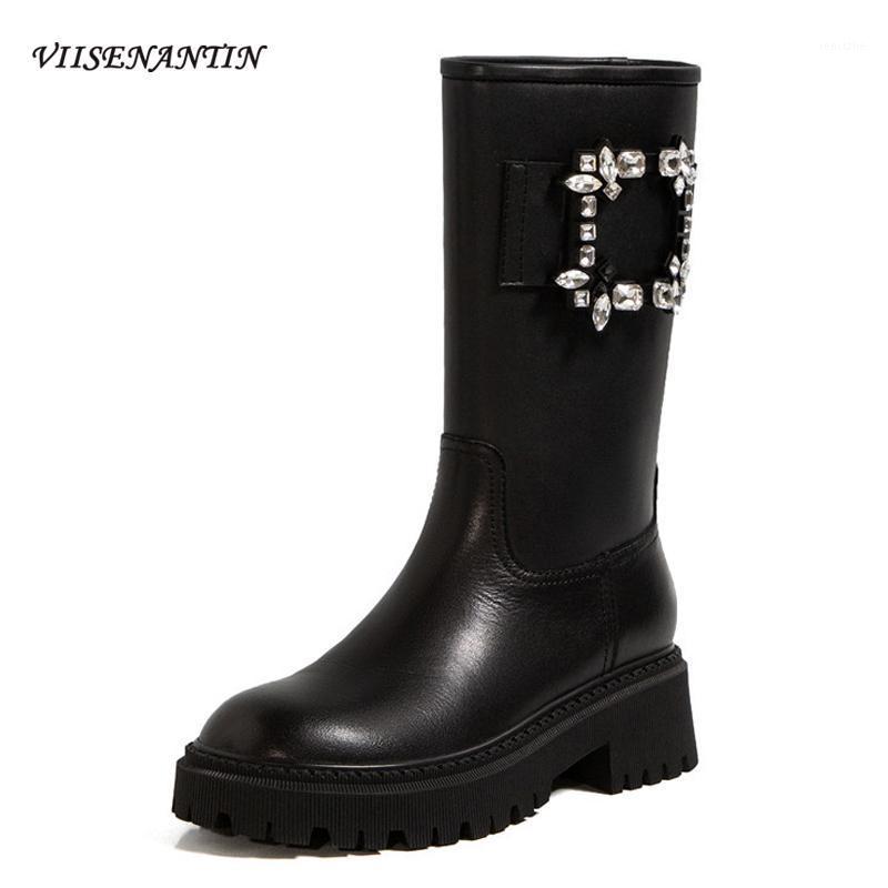 

Autumn Winter New Rhinestone Square Buckle Cowhide Round Toe Mid-heeled Short Boots European American Motorcycle Boots Women1, Black