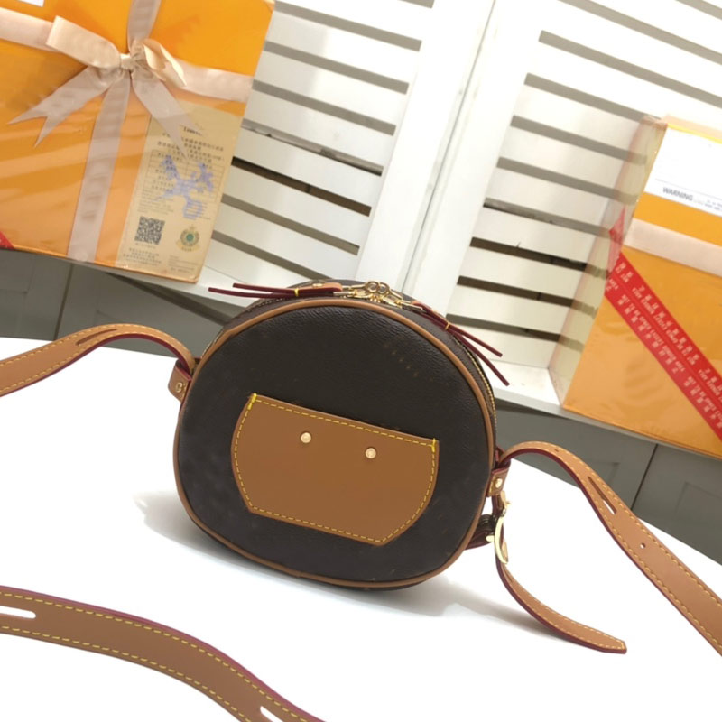 

Crossbody Bag Women Handbag Purse Boite Chapeau Shoulder Bags Cowhide Leather Trim Canvas Hatbox Design Clutch Cross Body Zipper Handbags High Quality, Brown