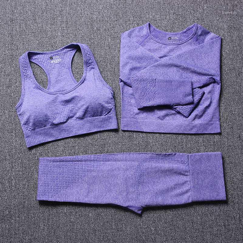 

3Pcs Women Seamless Yoga Sets Long Sleeve Crop Top Shirts High Waist Running Leggings Workout Pants Fitness Sports Suits Gym Set1, Black