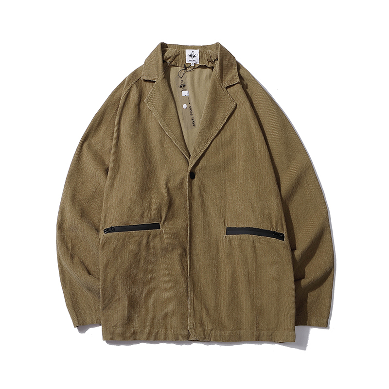 

2021 New Japanese Retro Khaki Corduroy Suit Jacket Mens Zipper Pockets Loose Casual Overalls High Street Single Button Autumn Coat B4yh