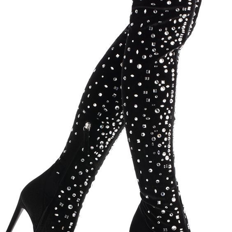

Strass Bling Pierced Over the Knee Purple Velvet Blue Heels Pointed Toe Thin Thigh Woman Long Boots Vlmz