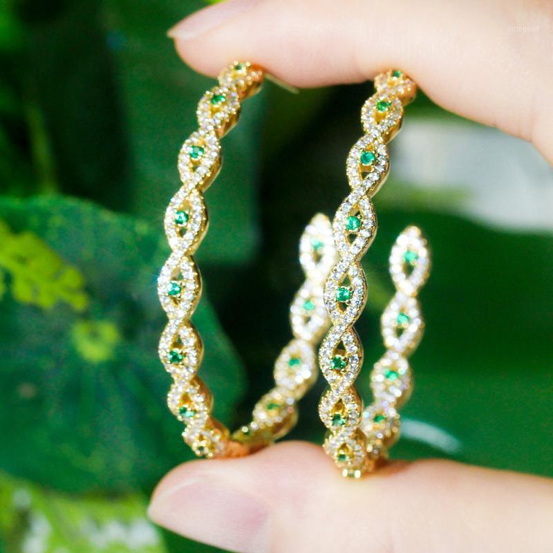 

Hoop & Huggie ThreeGraces Sparkling Green Crystal Micro Pave CZ Round 585 Gold Color Large Earrings For Women Fashion Party Jewelry ER4691