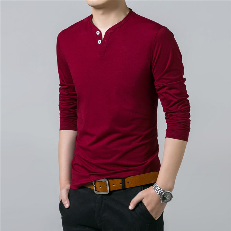 

T-Shirt Men 2019 Spring Autumn New Long Sleeve Henry Collar T Shirt Men Brand Soft Pure Cotton Slim Fit Tee Shirts kg-135, Navy