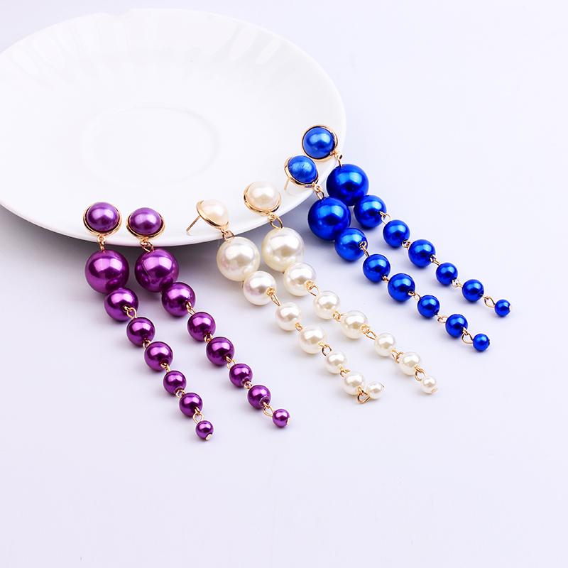 

Trendy Long Pearl Earrings Fashion Jewelry Statement Boho Colorful Red Purple Royal Blue Party Wedding Gold Earrings For Women