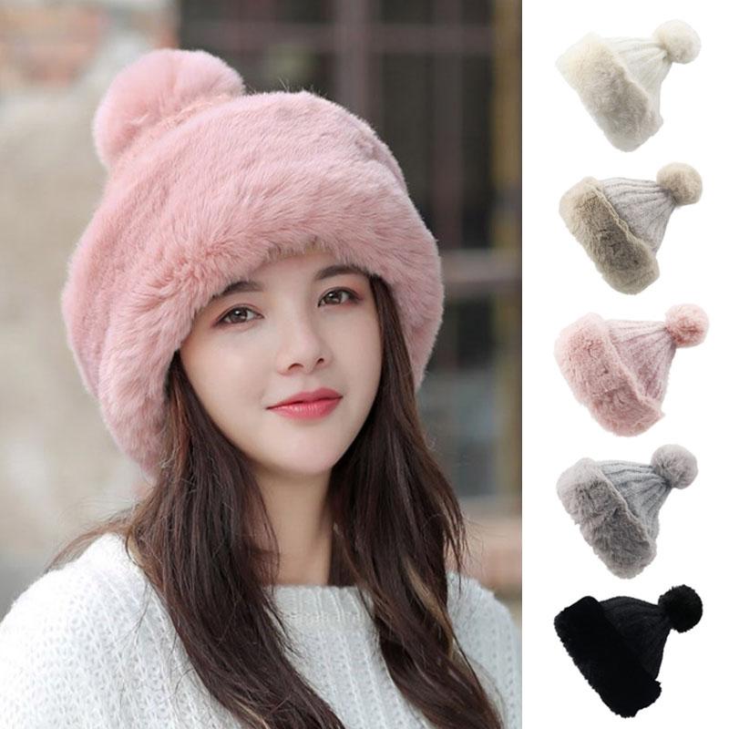 

Fluffy Women Knitted Hats Plush Beanies Winter Warm Knit Cap Pompom Casual Hat Skullies Plus Velvet Outdoor Women Hat Soft, Black