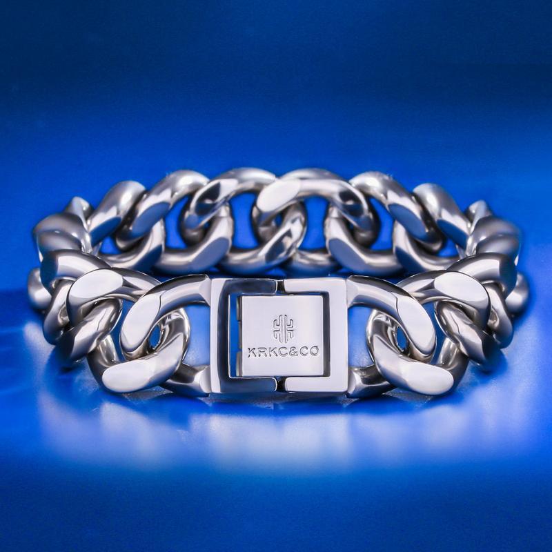 

Mens Silver Cuban Miami Bracelet White Gold Chain Stainless Steel Cuban Bracelet 14mm Hip Hop for Men Hip-Hop Link