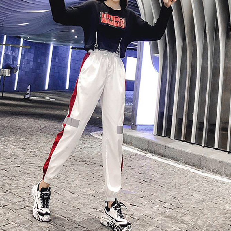 

Big Pockets Elastic High Waist Harem Pants Women Baggy Reflective Sport Sweatpants Long Pants Joggy Hip Hop Women's Trousers, Black;white