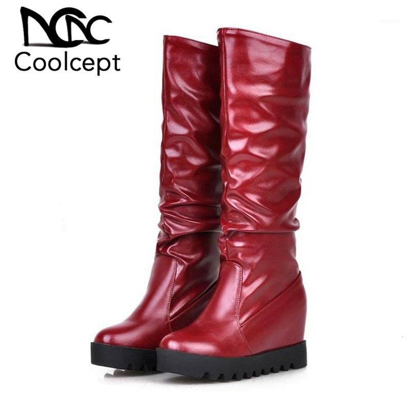 

CoolCept New Women Knee High Boots Fur Platform Women Shoes Inside Heels Warm Long Boots Fashion Simple Shoes Size 33-431, White velvet