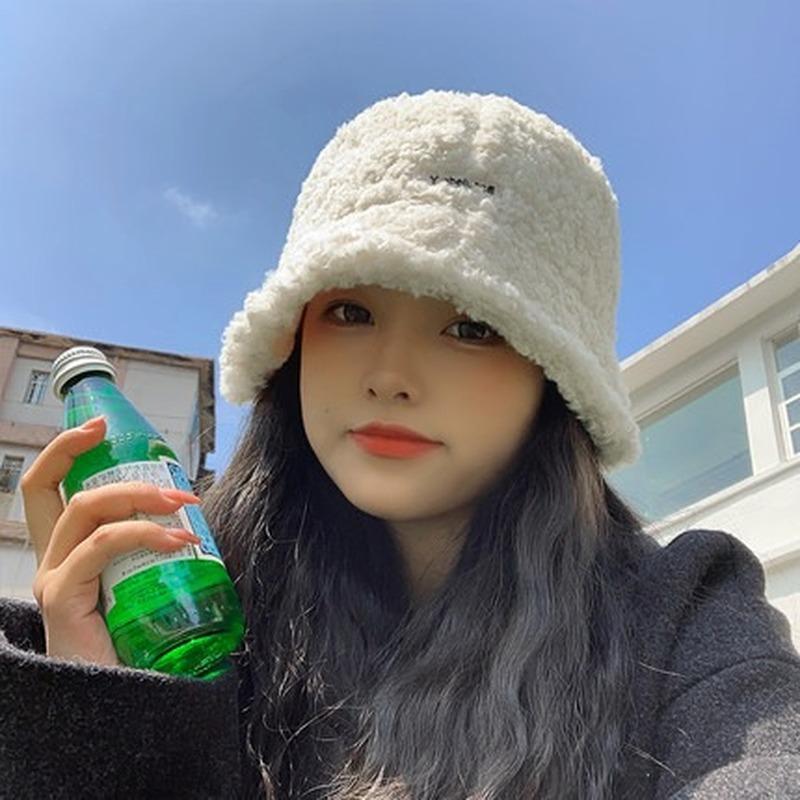 

Hat Female Autumn and Winter Korean Version of The Tide Lamb Plush Fisherman Hat Show Face Small Retro Wild Warm Basin, Black
