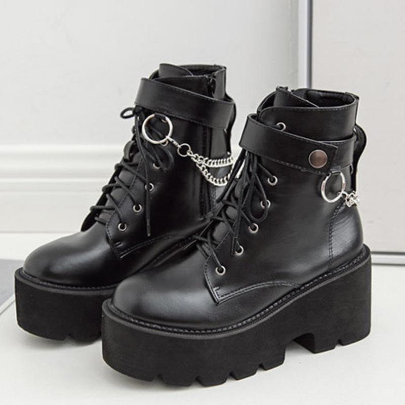 

2020 New Boots Sexy Chain Women Leather Autumn Boots Block Gothic Black Punk Style Platform Shoes Female Footwear Woman