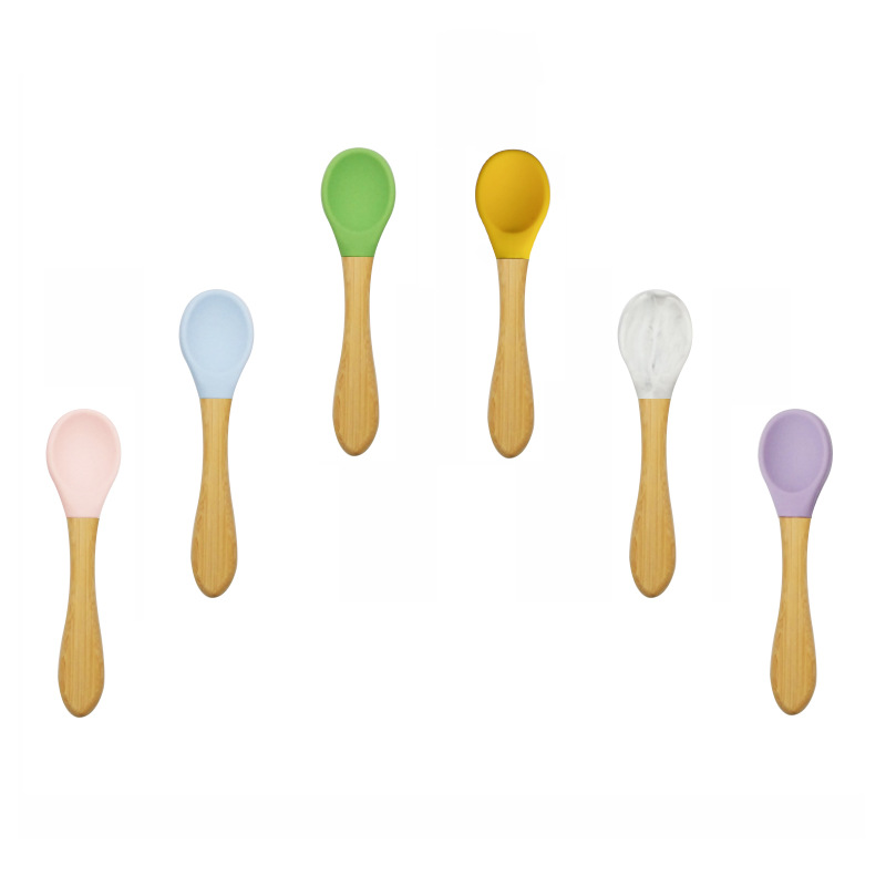 

Baby Spoon Silicone Tableware Infant Auxiliary Dinnerware Boys Wooden Handle Kids Training Spoons Household Kitchen Accessories VTKY2202