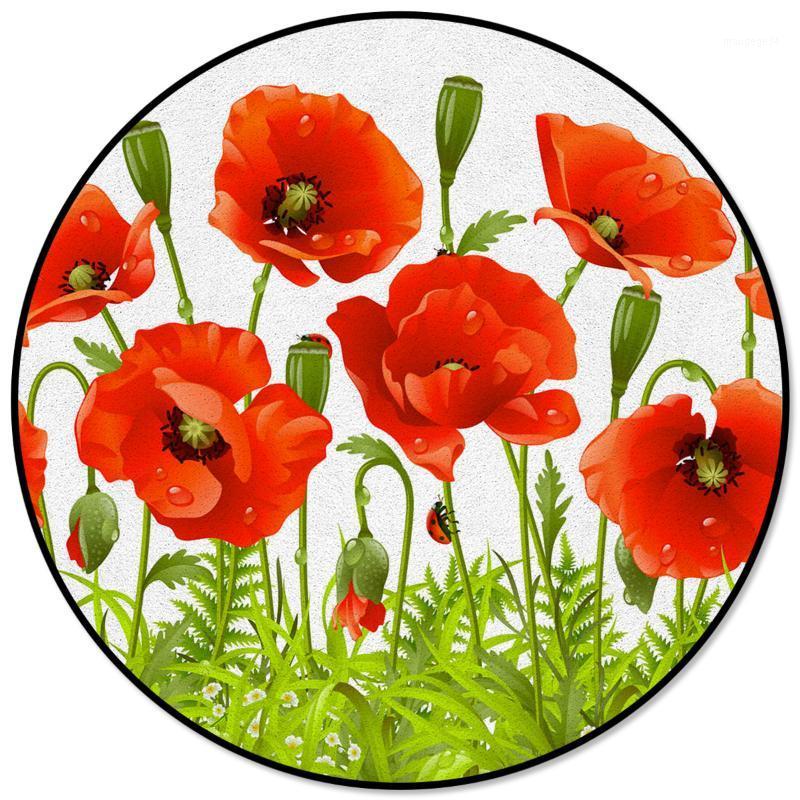 

Red Flower Green Leaves Plant Printed Round Carpet for Living Room Kids Bedroom Table Sofa Carpet Area Rug Mats1, As pic