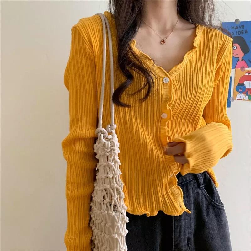 

Women's V-neck knitted casual ruffled short sweater summer cardigan fashion ladies knitted soft, Beige