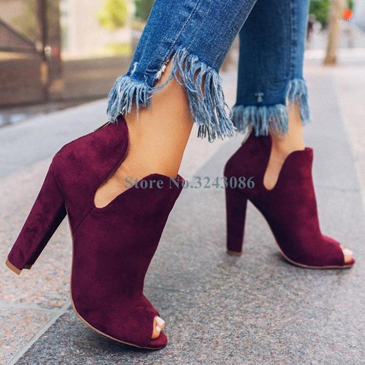 

Casual Peep Toe Chunky High Heel Ankle Boots Dark Red Suede Cut Out Hoof Heels Spring Autumn Shoes Concise Fashion Women Shoes1, As the picture