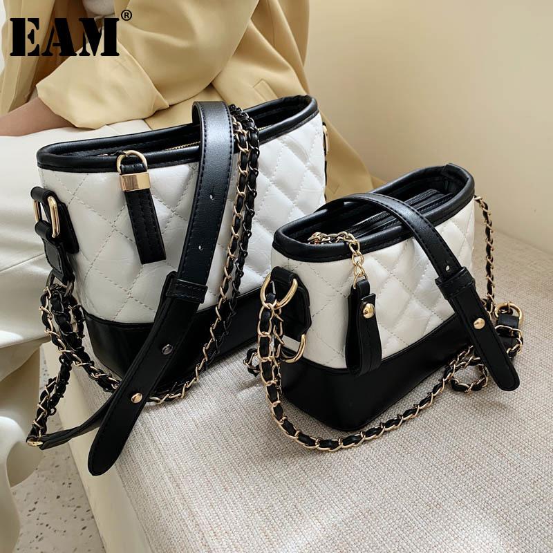 

[EAM] Women New Contrast Color Argyle PU Leather Flap Personality All-match Crossbody Shoulder Bag Fashion Tide 2021 18A1134, Black small