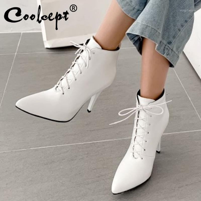 

Coolcept Size 30-43 Women Ankle Boots Sexy Cross Strap Thin High Heel Winter Shoes Woman Pointed Toe Short Boot Lady Footwear1, Black