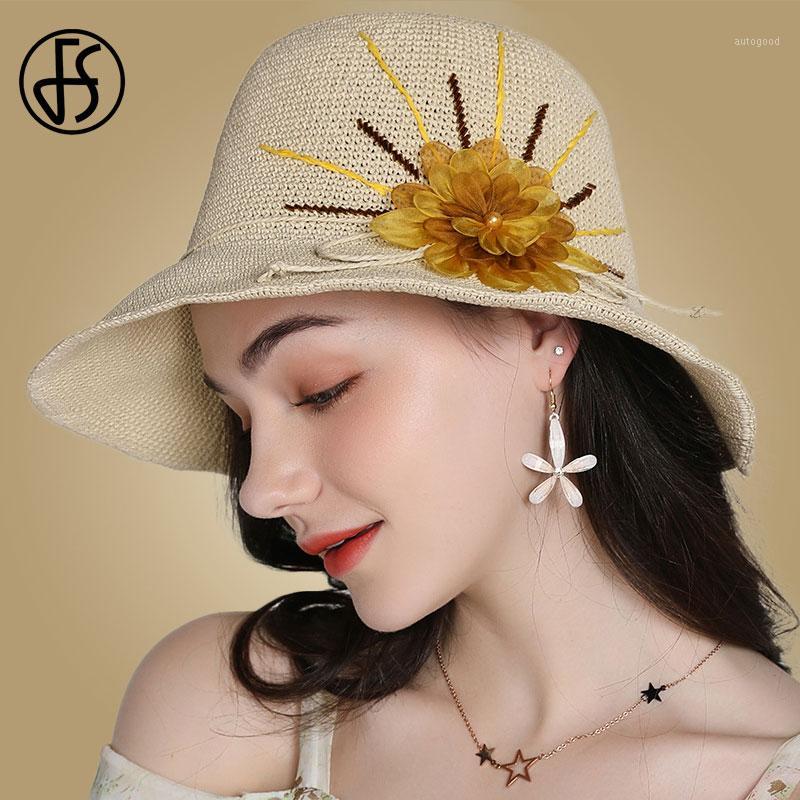 

Wide Brim Hats FS Summer Hat For Women Sun 2021 Beach Straw Foldable Female Fedora Lady Flower Beige Pink Caps1