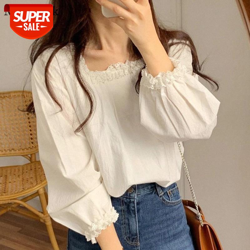 

Korean Sweet Long Sleeve Women's Shirt Autumn New Cotton Lace Office Ladies Tops Loose Casual White Blouse Women Blusas 12496 #Kq92