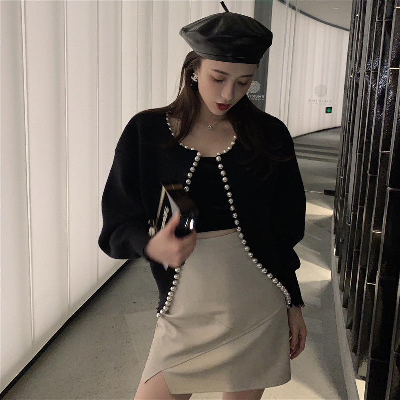 

2021 New Winter Around the Neck Pearl Juniper Black Mesh Cardigan Sweater Designer Woman Luxury Clothes Dcvw