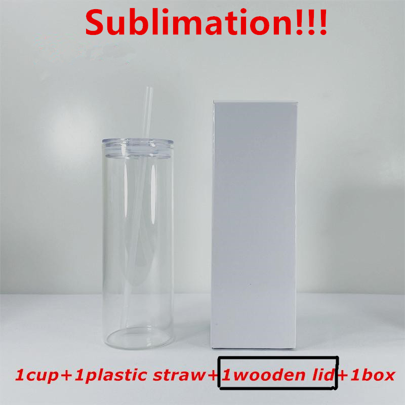 

25oz Sublimation glasses tumbler Clear Frosted Beer Glasses with bamboo lid reusable straw beer Can Transparent frosted Skinny Tumbler drinking cups
