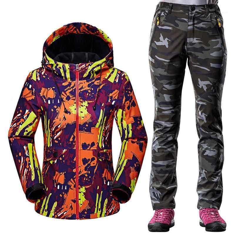 

Autumn Winter Softshell Sportswear Suit Women Outdoor Windproof Waterproof Hiking Fleece Jacket + Warm Fleece pants 2pcs sets1, Purple grey