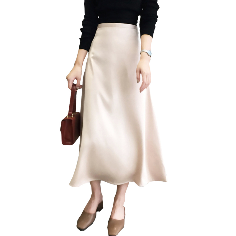 

New 2021 Summer High Waist Vintage Women A-line Satin Long Fashion Pure Color Elegant Ladies Skirt Faldas Jupe Femme Saia Vmvo, Gray