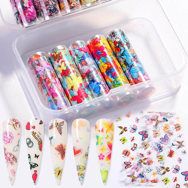 

10PCS/set Nail Foil Set Flowers Butterflies Nail Art Transfer Sticker Adhesive Paper Art Decoration, 17