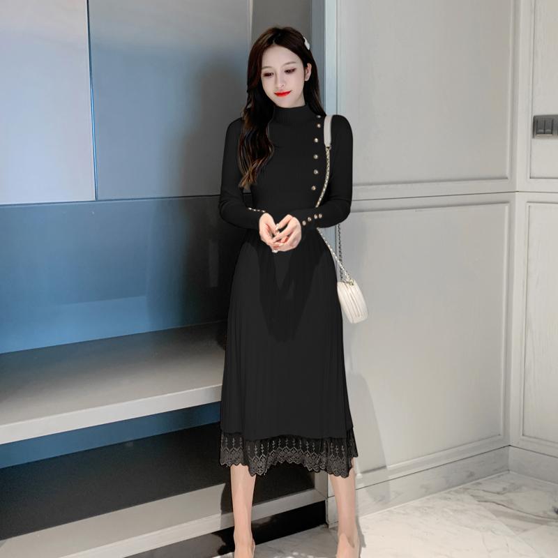 

New Elegant Women Autumn Winter Knit Thick Over the Knee Dress Half High Neck Long Sleeve Sweater Dress, Black