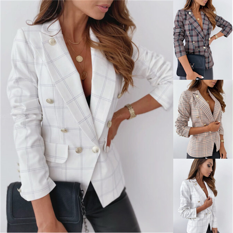 

Button Ladies Plaid Blazer Woman Elegance Womens Jacket Office Lady Formal Women Blazers Female Blazer Autumn Thin (no lining) X1214, White;black