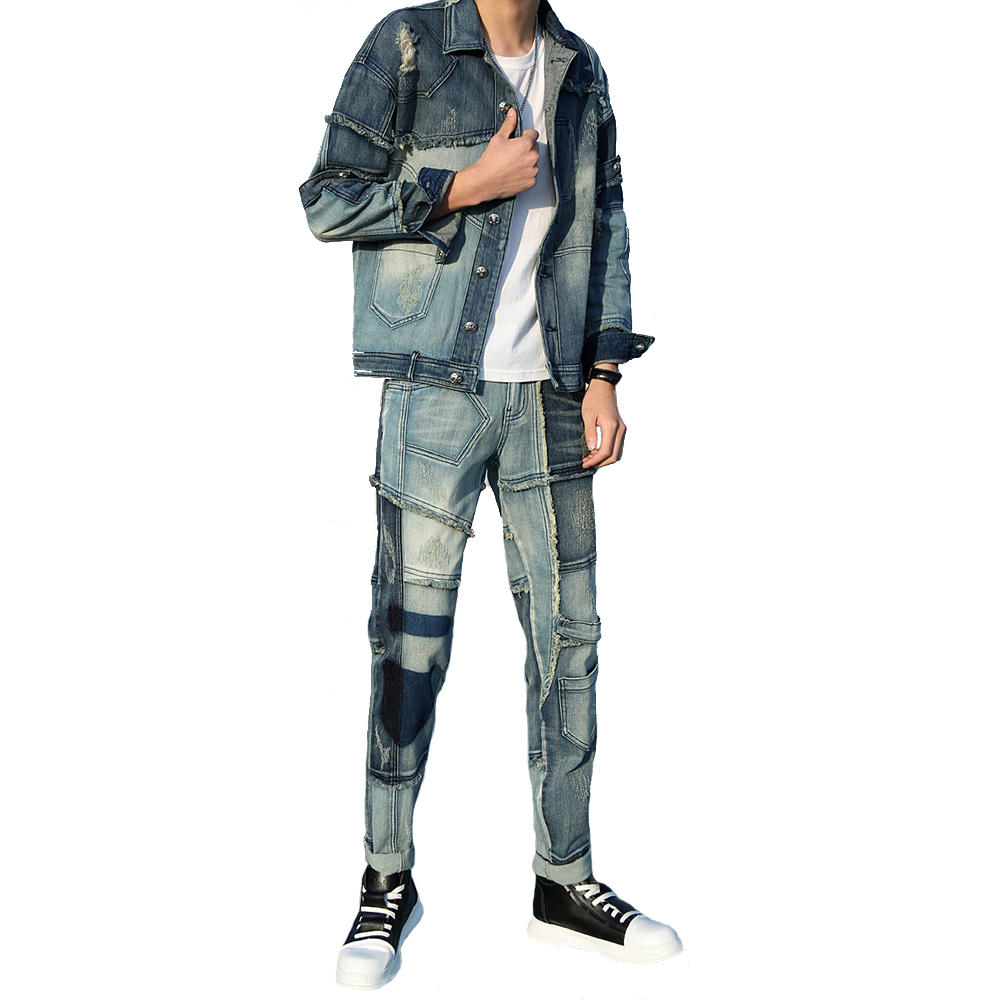 

New Tracksuits Fashion Style Blue Men Sets Spliced Denim Jackets And Jeans Two Piece Set Autumn Winter Long Sleeve Mens Clohing, Gray
