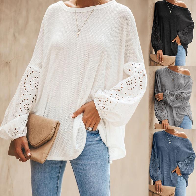 

Long-sleeved T-shirt women spring and autumn European and American solid color round hollow stitching loose top, White