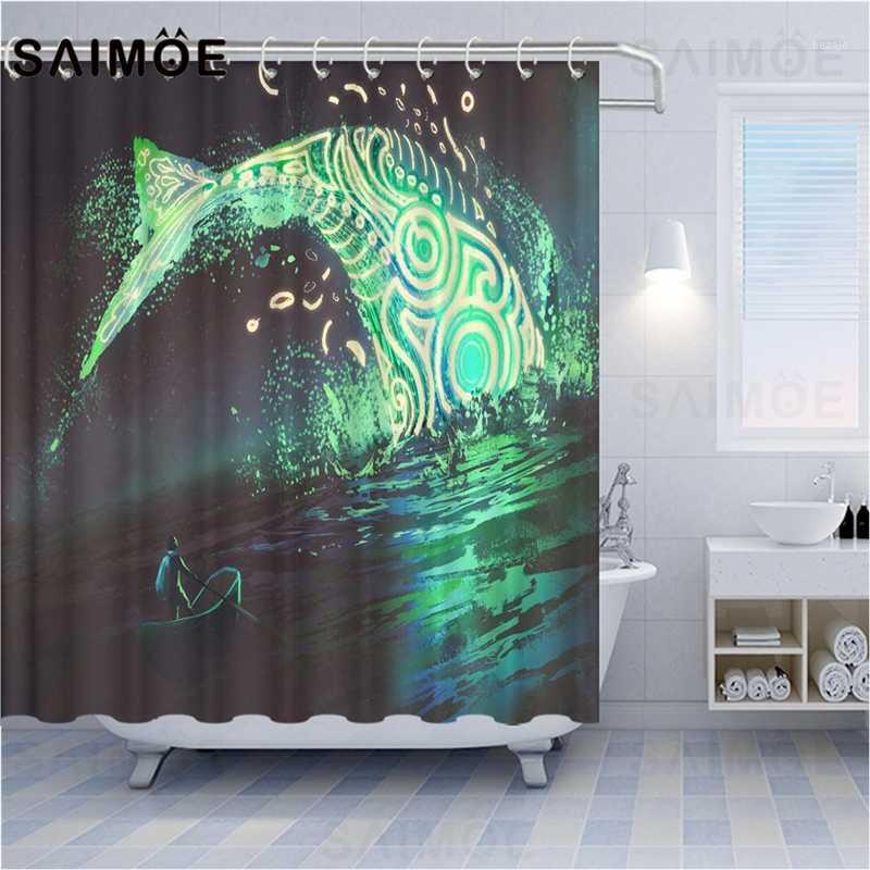

ATOMAX Fantasy Shower Curtains Green whale Floating island Road to heaven Huge Animal Home Bathroom Shower Curtain Waterproof1